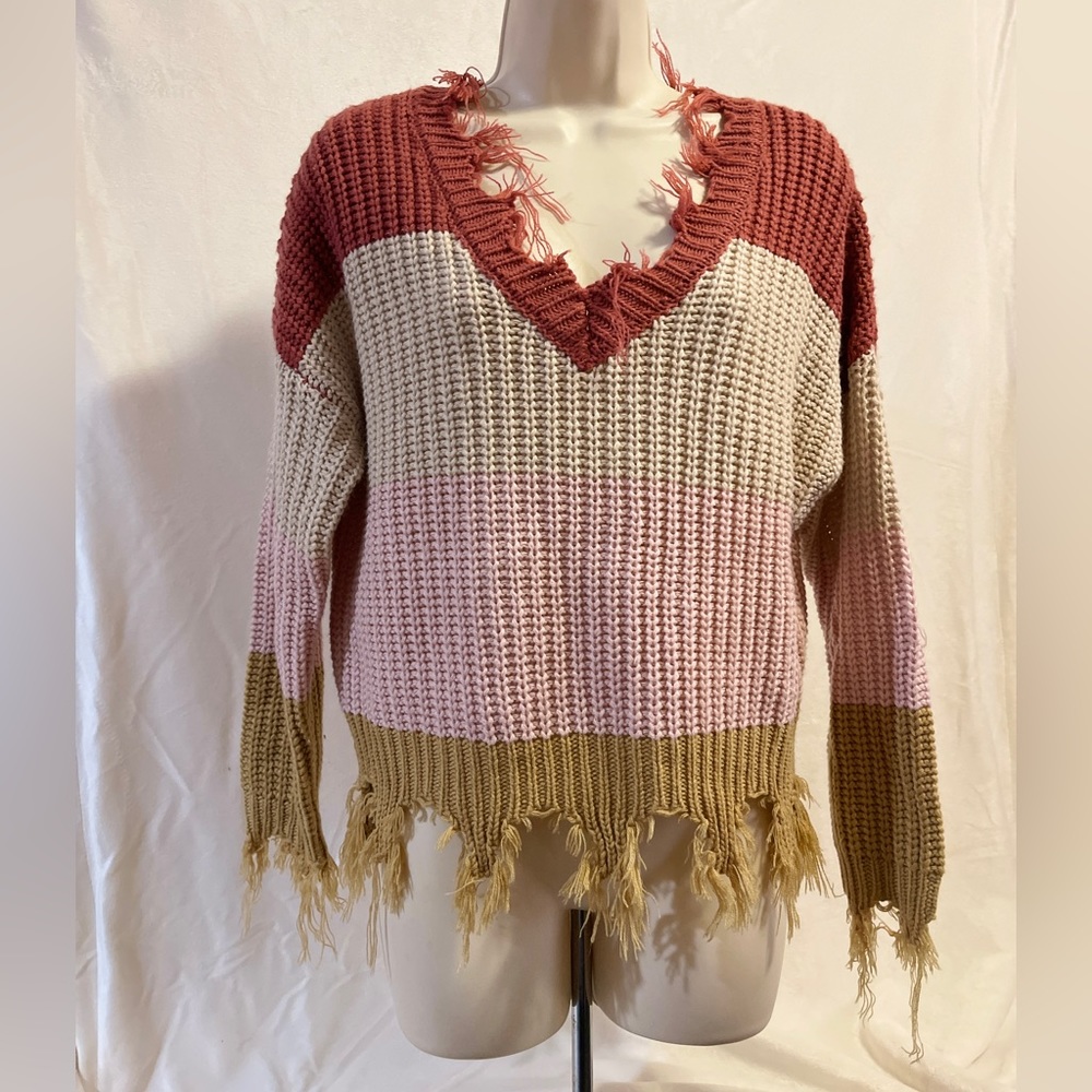 🌟 - Love Tree Fringe Striped Sweater Color Block🌟